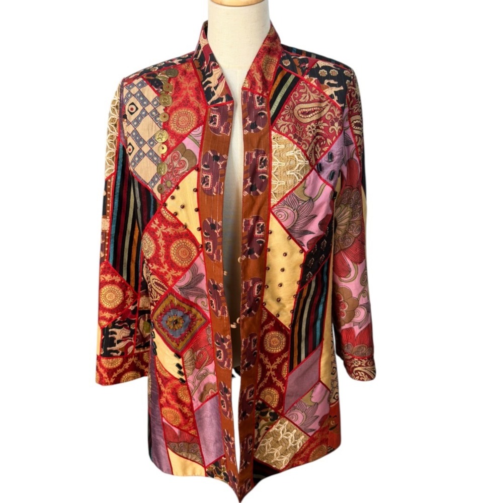 Vtg Sandy Starkman Patchwork Silk Blend Jacket Sz M Boho Artsy Statement